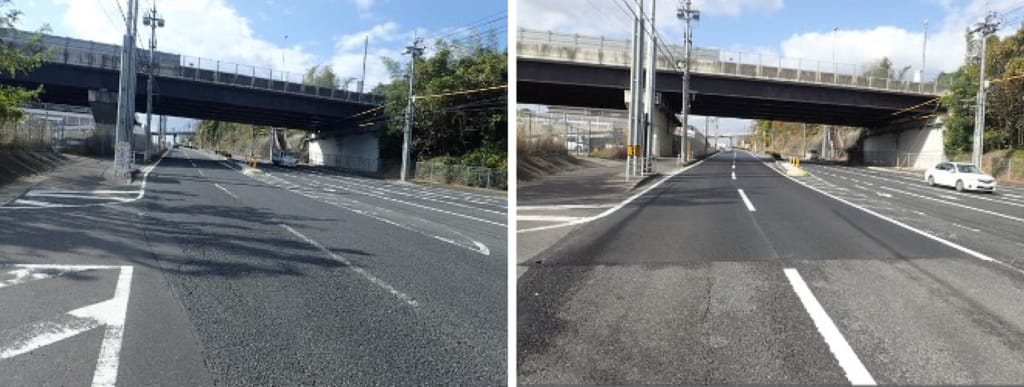 施工前と施工後を比べた写真 傷んでいたアスファルトが新しいものに張り替えられている