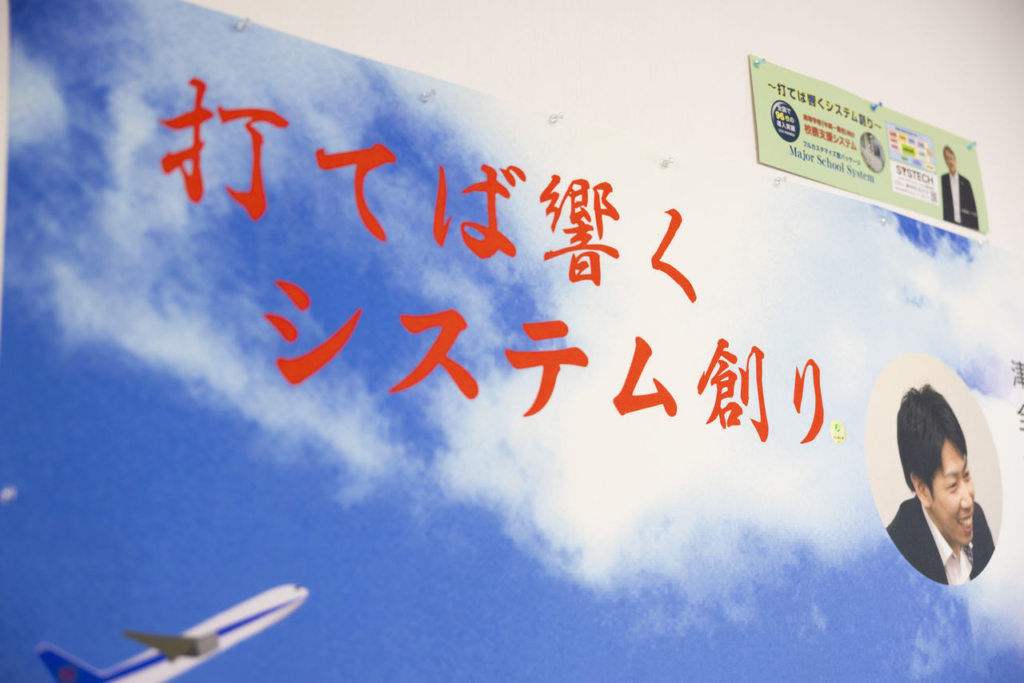「打てば響くシステム創り」というスローガンが書かれた、青空と飛行機のデザインのポスター。