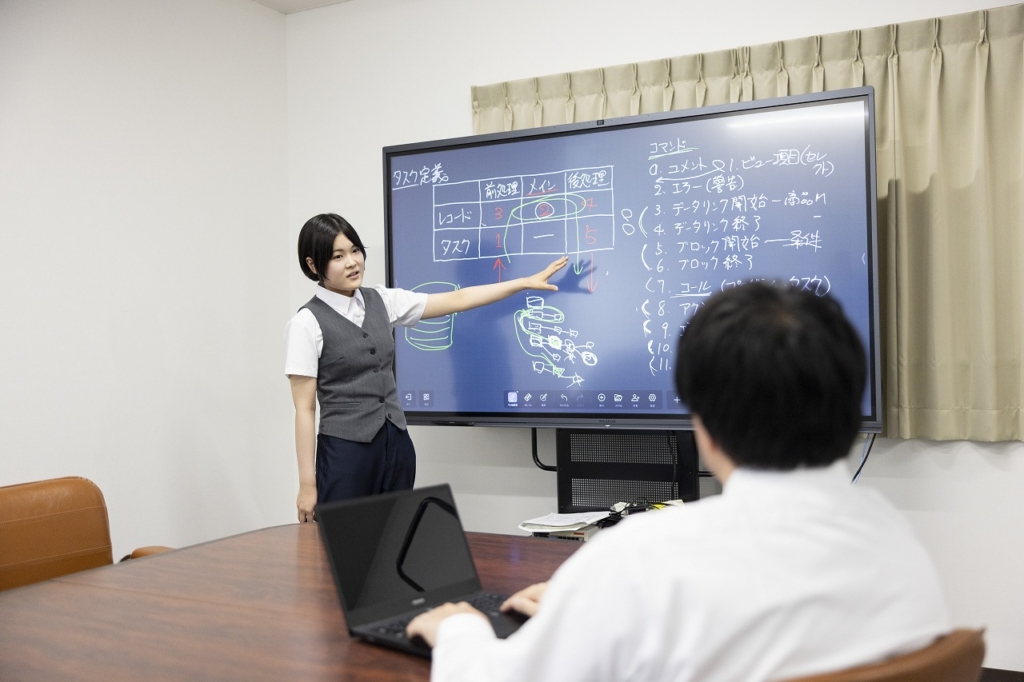 大きなモニターに映し出された資料を指しながら、男性に向かってプレゼンテーションをしている女性