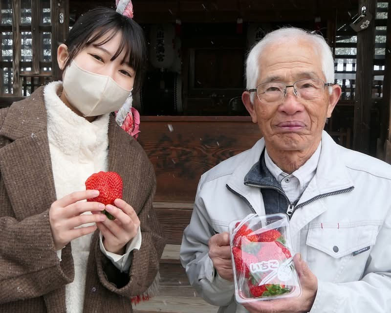 女性スタッフといちご生産者の男性が、収穫されたいちごを持って並んでいる。