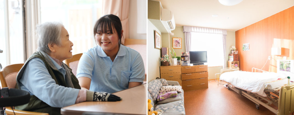 スタッフと利用者が談笑する様子と、家具が整えられたユニット型の個室の2枚の写真。
