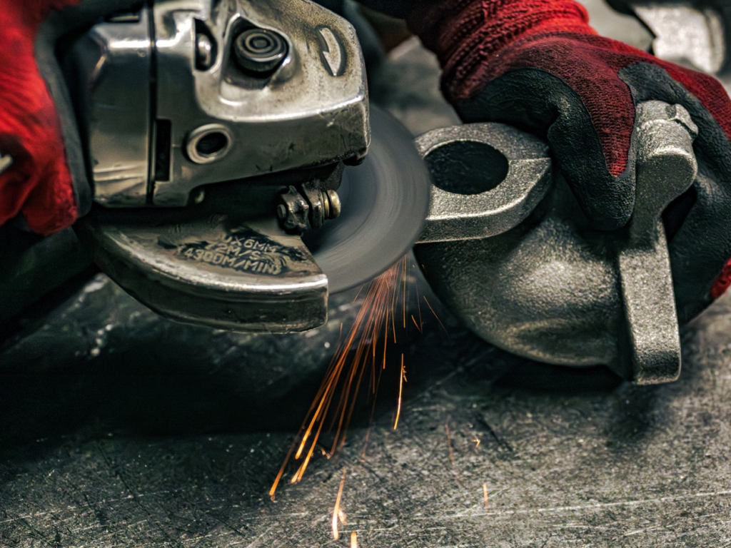 グラインダーを使って金属部品を仕上げ研磨し、火花が散っている手元