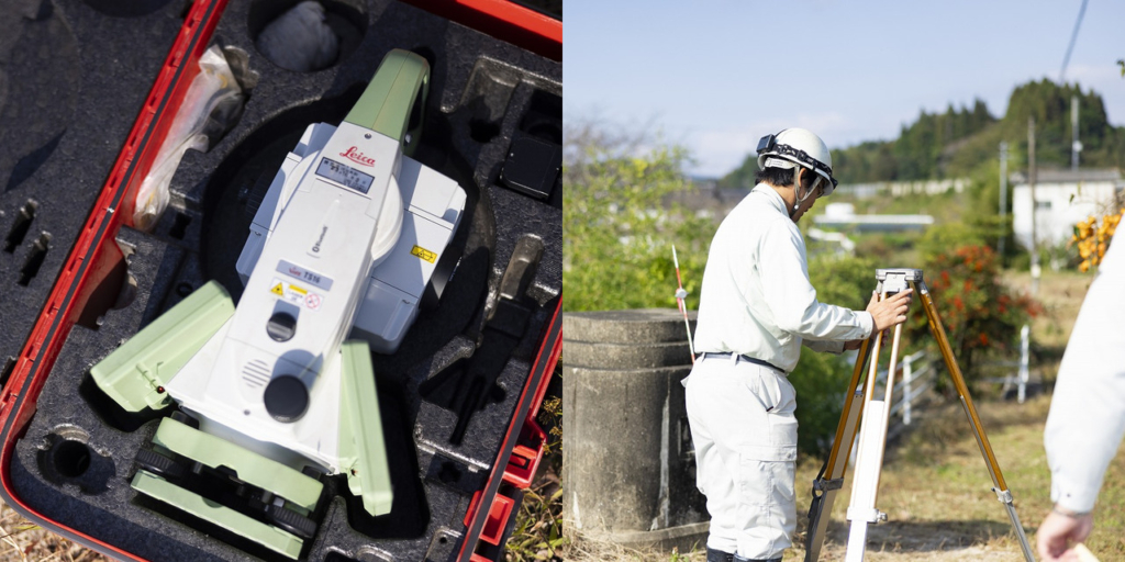 ケースに収納されたライカ製のトータルステーションと、屋外で三脚に機器を設置する作業員