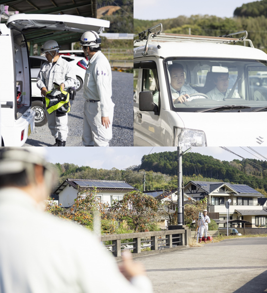 車両で機材を準備する作業員、移動中の車内、および住宅地でトータルステーションを使用し測量を行う様子