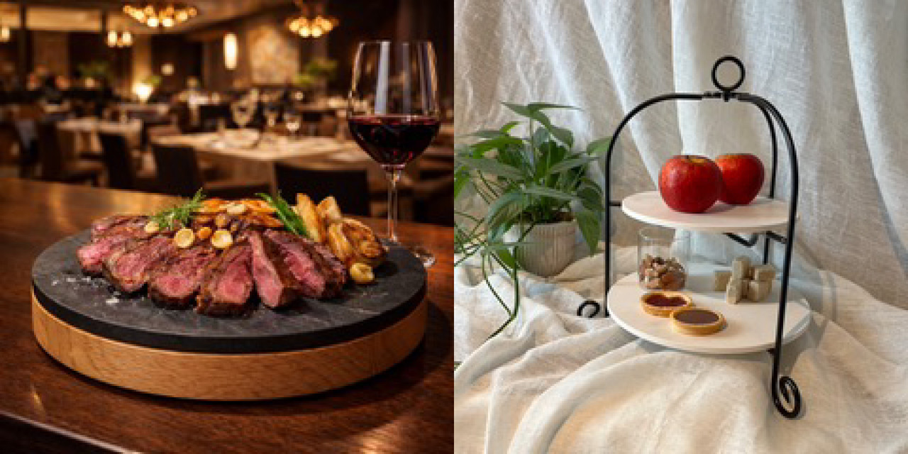 人工大理石やセラミックの端材を再利用して作られた、ステーキが乗った黒いプレートと、果物や菓子が乗った白い2段のプレート。