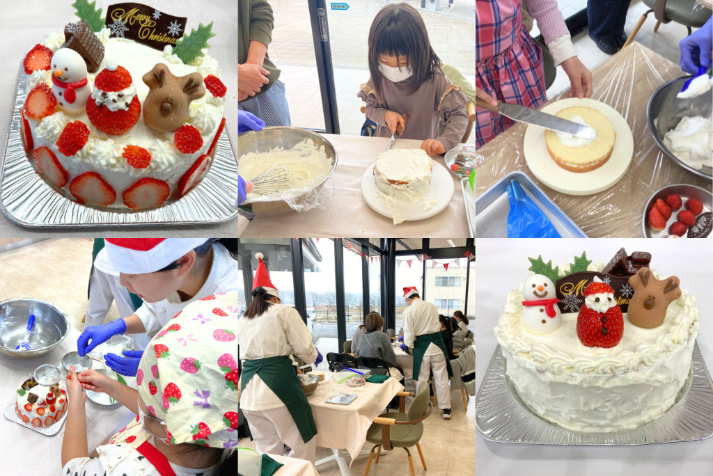 エプロン姿の子どもたちや高校生が生クリームやイチゴを使ってクリスマスケーキを作る様子。