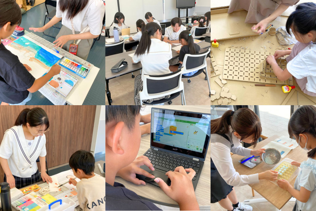 高校生が小学生に絵画、プログラミング、工作などを教える夏休みの宿題支援イベントの様子。