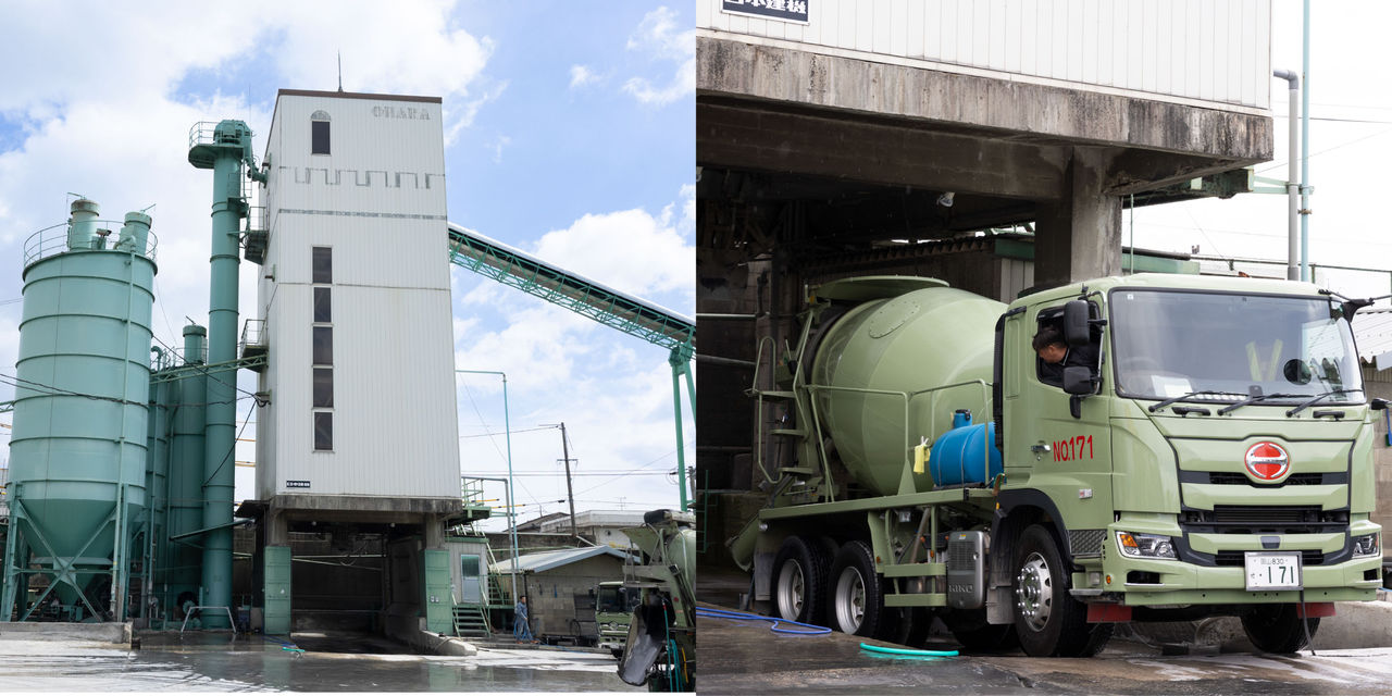 生コンクリート製造プラントと、出来上がったコンクリートを積み込んでいるミキサー車。
