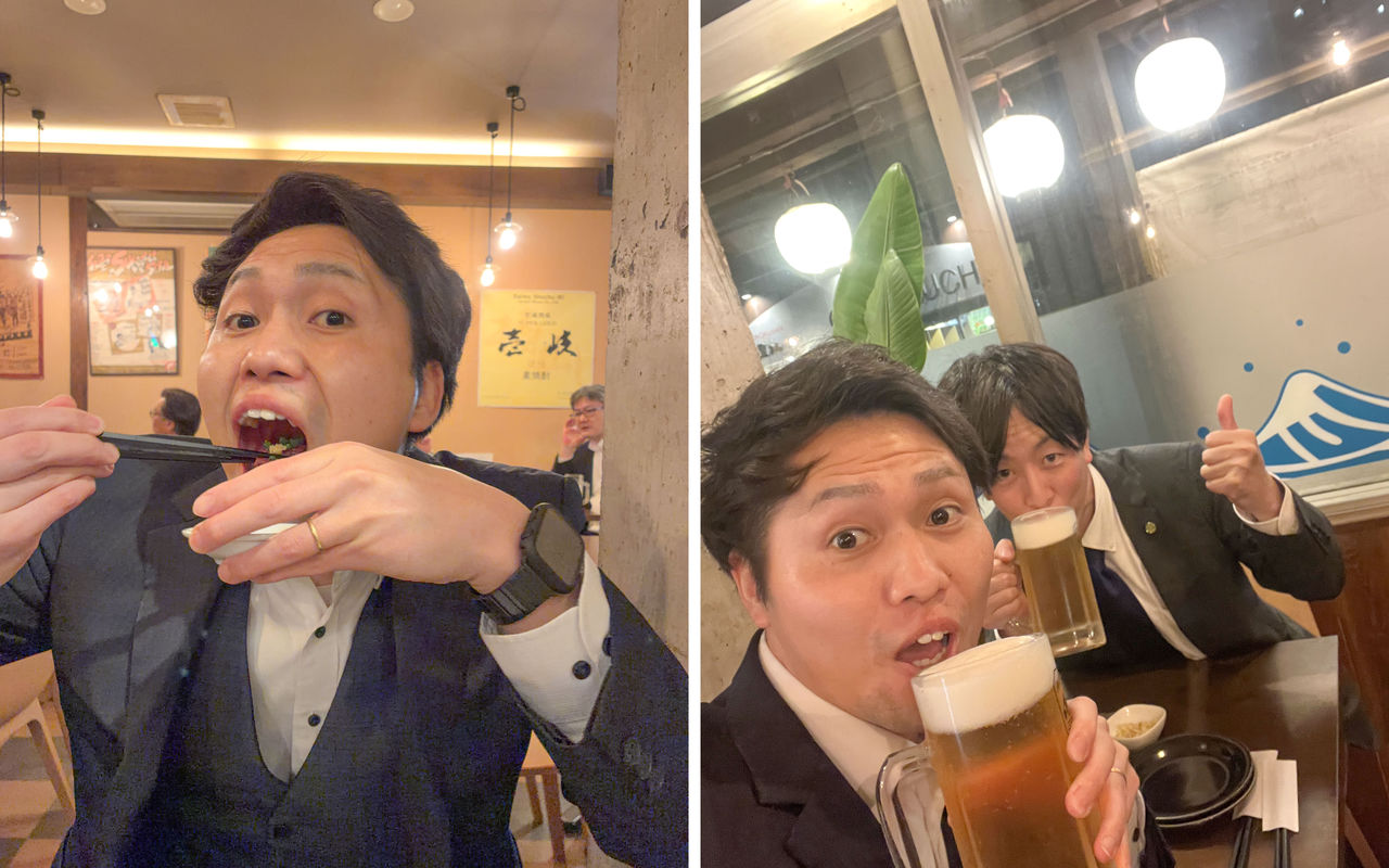 田口さんが飲食店で一口餃子を口に運ぶ様子や、大きな生ビールのジョッキを持って笑顔を見せる様子