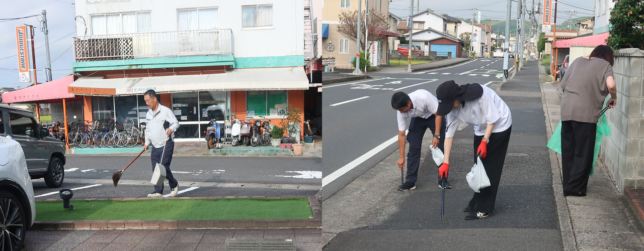 地域清掃活動で道路のゴミ拾いや掃き掃除を行う社員たち