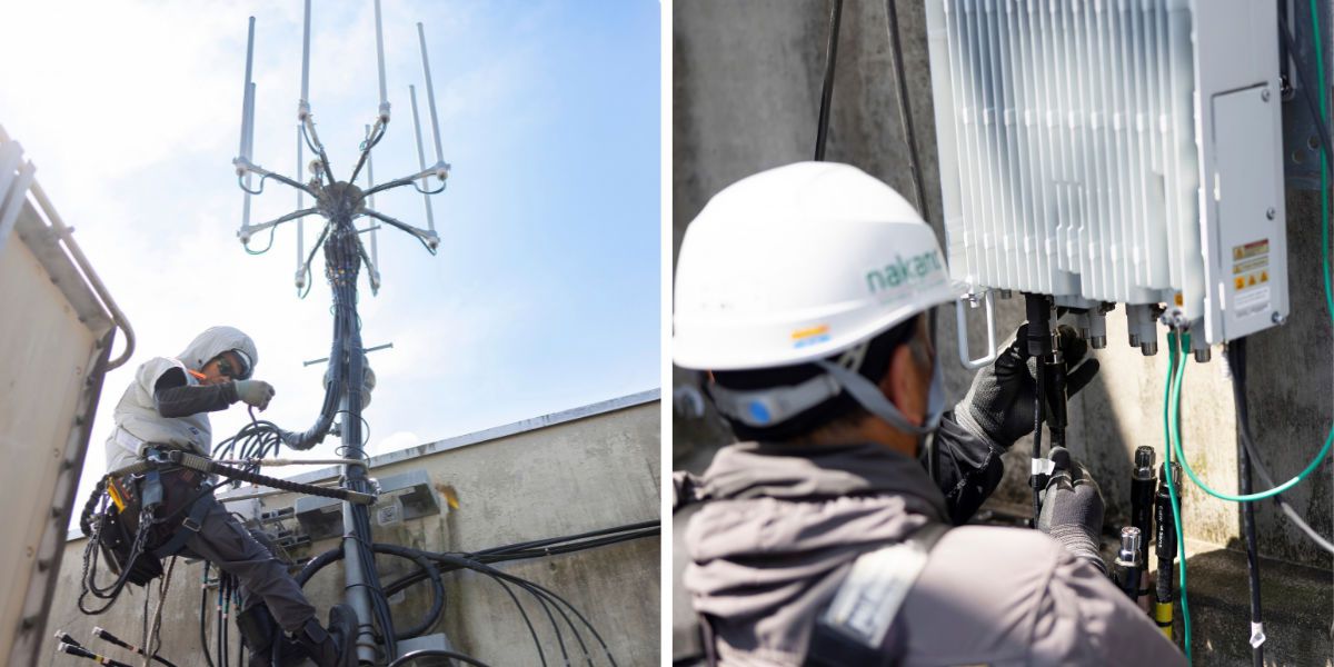 携帯基地局アンテナの支柱に登って作業を行う様子と、手元で通信機器の配線・接続作業を進める様子