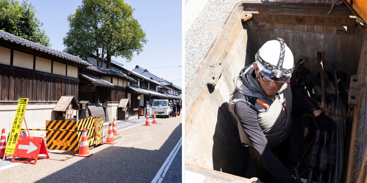 城東地区の町並みにおける電線共同溝工事の現場全景と、マンホール内で地中電線の敷設作業を行う様子
